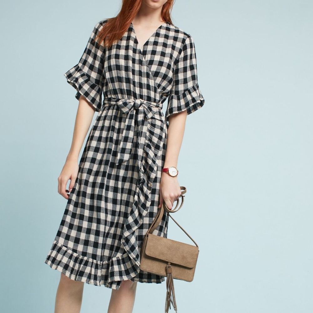 Anthropologie Gingham Flutter Wrap Dress